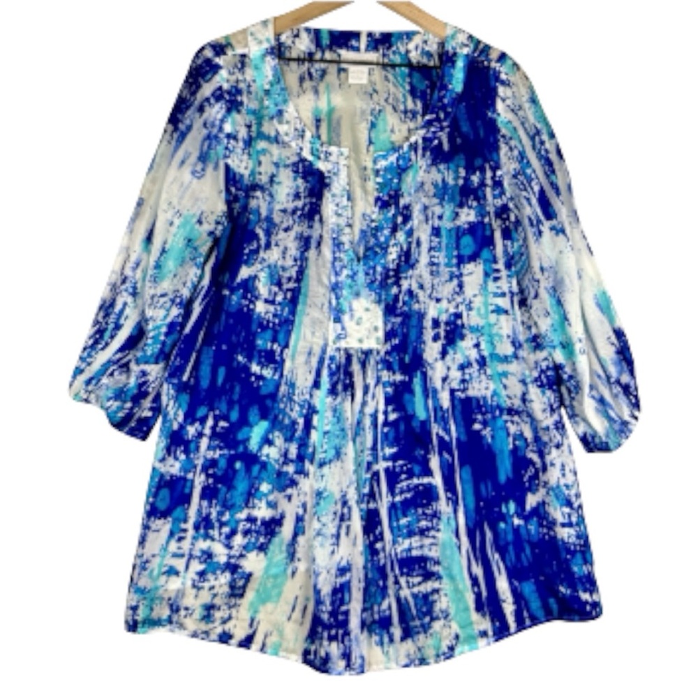 Soft Surroundings Top Women Large Blue‎ Abstract Silk V-Neck Beaded